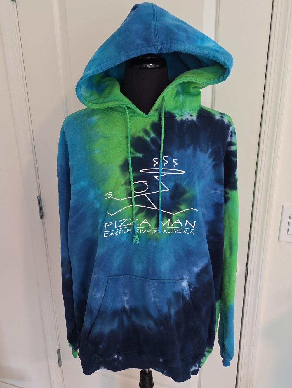 Anvil Tie-Dye Pizza Man Hoodie in Blue & Green